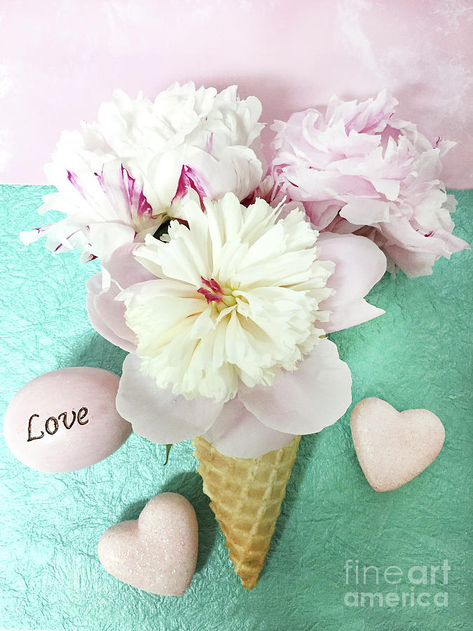 Peony Flower Waffle Cone Shabby Chic Love Pink Aqua Peonies Hearts Romantic Ice Cream Cone Flowers Photograph by Kathy Fornal