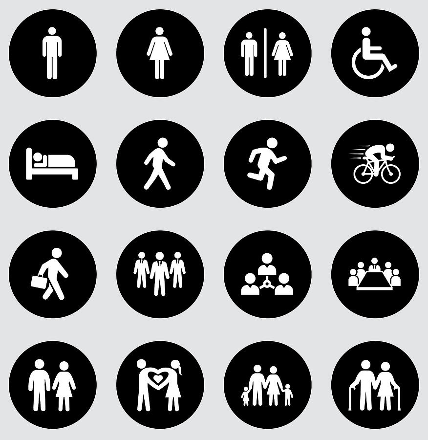 People and Modern Life Icon Set on Black Flat Vector Buttons Drawing by Bubaone