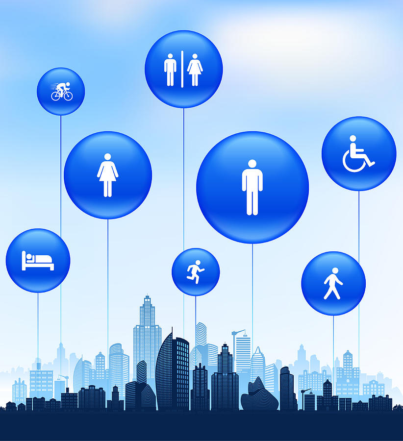 People and Modern Life Icon Set on Cityscape Blue Background Drawing by Bubaone
