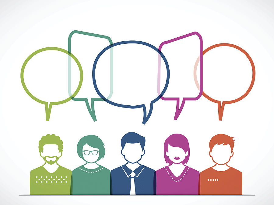 People and Talking with Colored Speech Bubbles Drawing by Creative-Touch