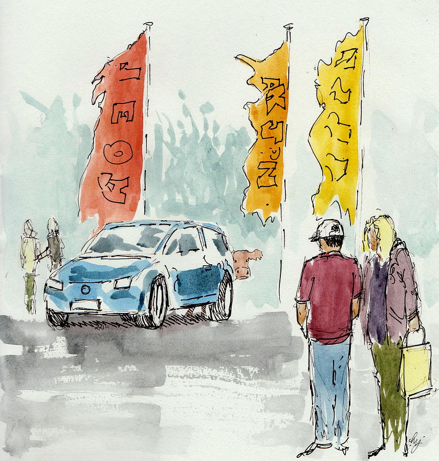 People car flags and sneaky cow plein air painting Painting by Mike Jory