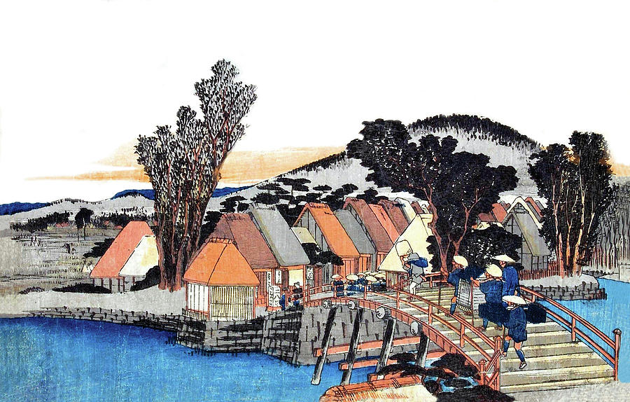 Hiroshige Digital Art - People Crossing the Bridge to the City by Long Shot