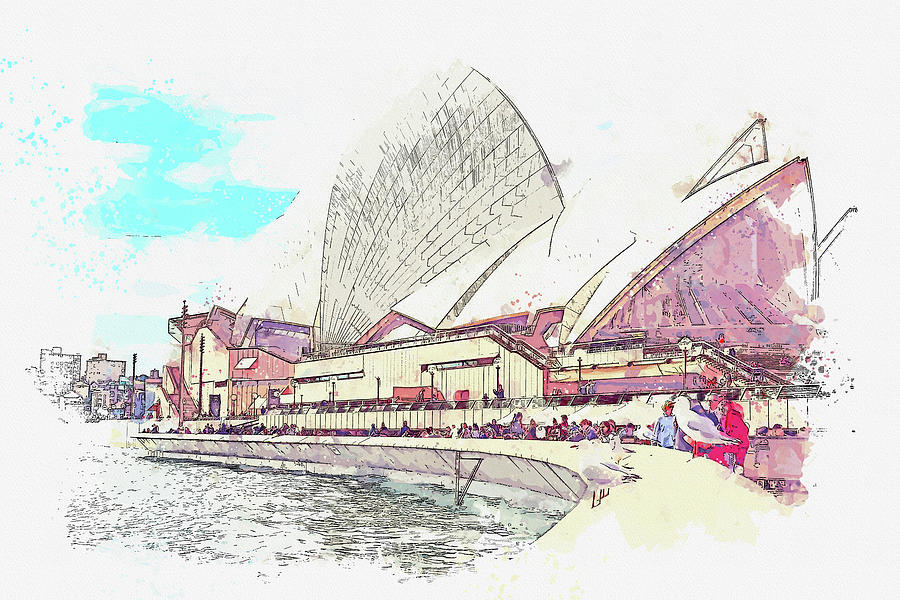 Nature Painting - People Gathering Outside Sydney Opera House in watercolor ca by Ahmet Asar  by Celestial Images