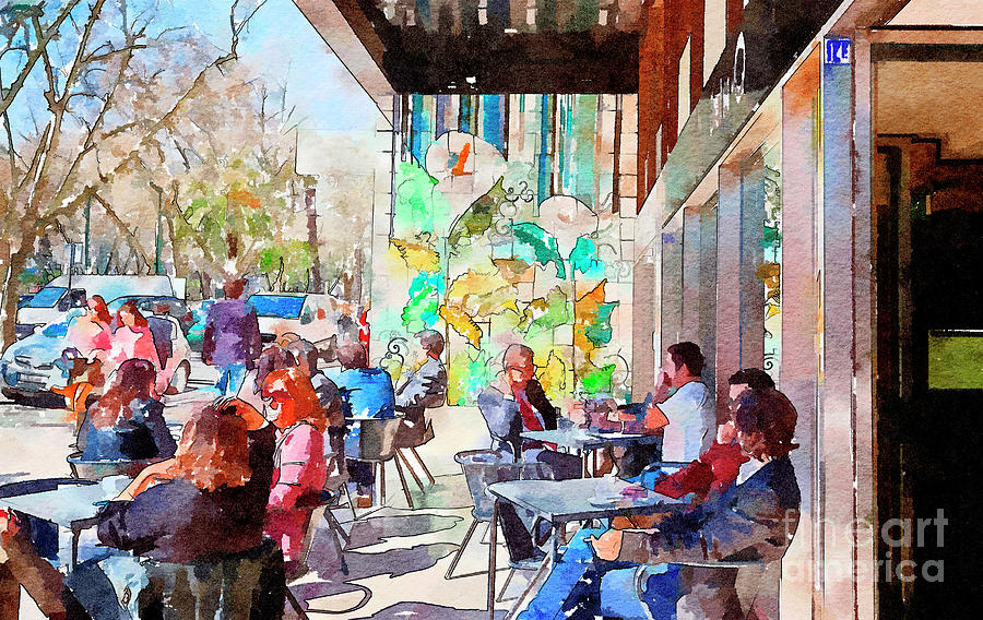 people in cafe of  Lisbon, watercolor style Digital Art by Ariadna De Raadt