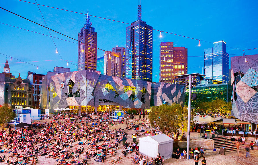 People in Federation Square, Melbourne. Photograph by Scott E Barbour