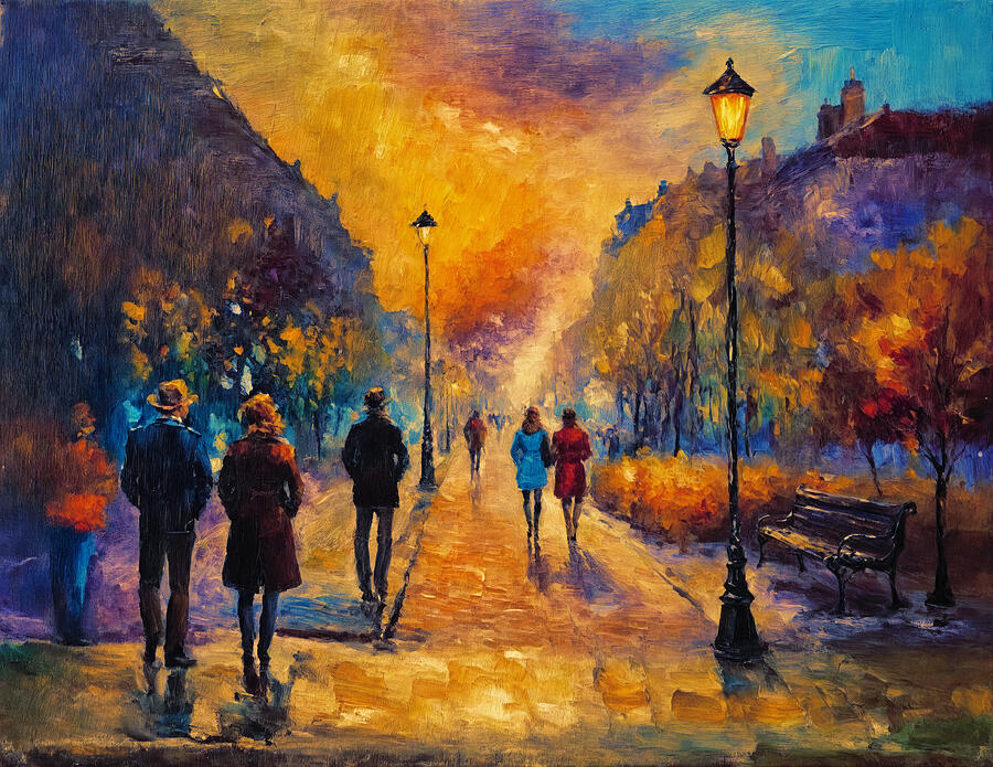 People on an alley in a small park in the evening - colorful impressionist painting Digital Art by Nicko Prints