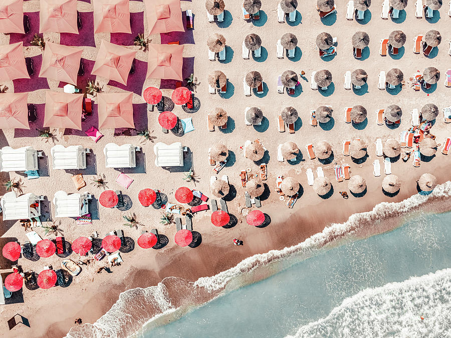 People Red Umbrellas On Beach, Aerial Sea Beach Print, Ocean Waves Art, Summer Vibes, Art Print Photograph