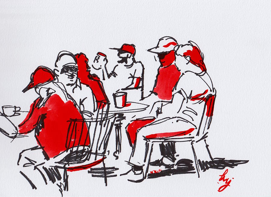 People Sitting At Outdoor Cafe Tables Drinking Red Black Drawing Drawing by Mike Jory