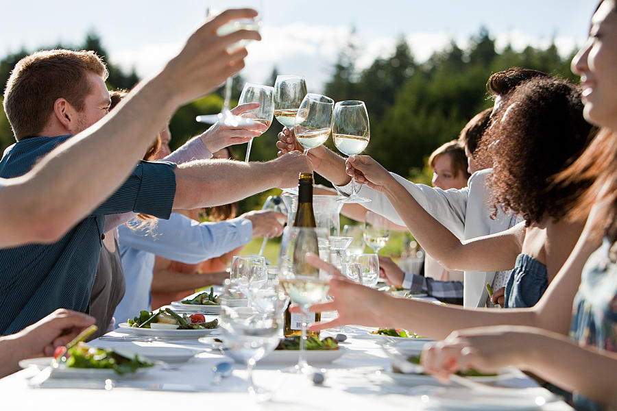 People toasting wine glasses at outdoor dinner party Photograph by Image Source