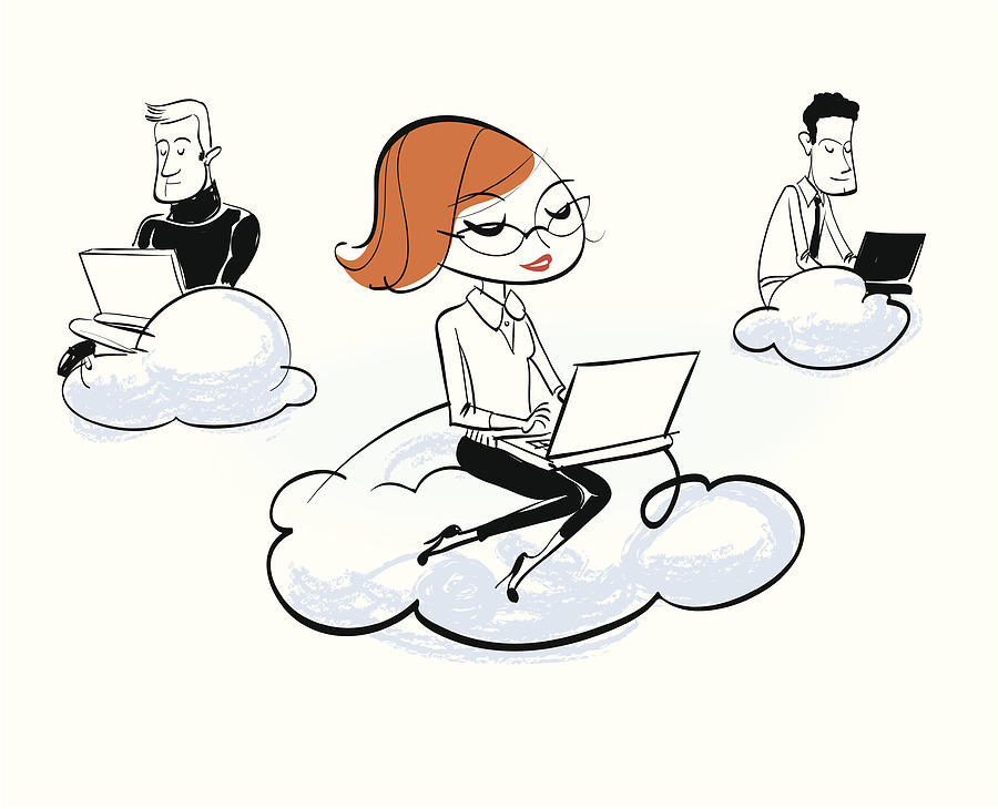 People using laptops atop clouds Drawing by McMillan Digital Art