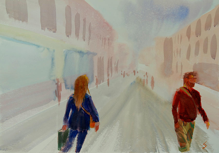 People walking on city street impressionist watercolor painting Painting by Mike Jory