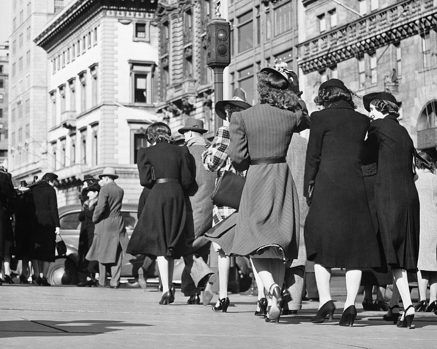 People walking on street, (Rear view), (B&W) Photograph by George Marks