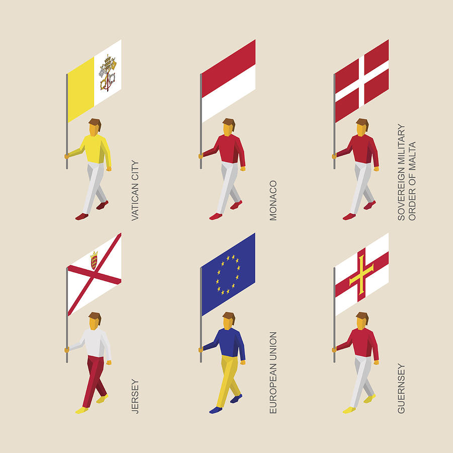 People with flags - Vatican, Monaco, Malta, Jersey, Guernsey, EU Drawing by Melnikoff
