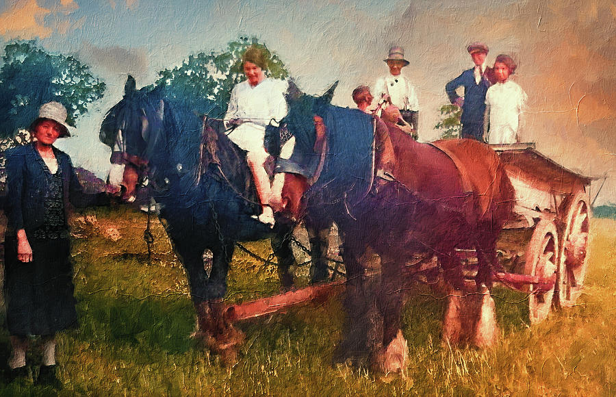 Farmers with shire horses and a wagon, 100 years ago - digital painting Digital Art by Nicko Prints