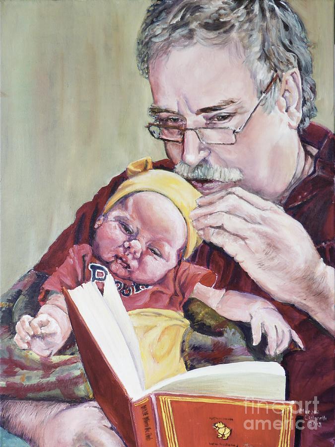 Pepere reads Pooh Painting by Merana Cadorette