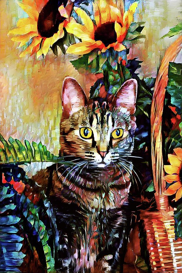 Pepper the Bengal Tabby Cat with Sunflowers Digital Art by Peggy Collins