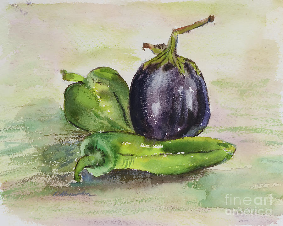 Peppers and Eggplant Watercolor Painting by Olga Hamilton