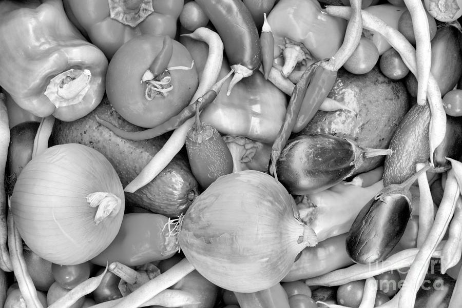 Peppers Onions Eggplants And Beans Black And White Photograph by Adam Jewell