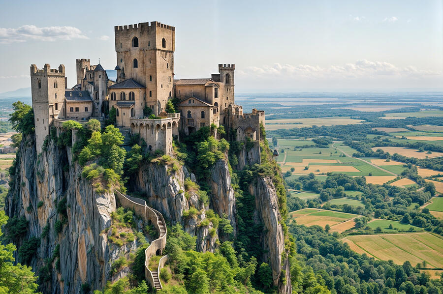 Perched dramatically atop a rocky cliff, a medieval castle overlooks a vast, lush landscape Digital Art by Mango Art Perched dramatically atop a rocky cliff, a medieval castle overlooks a vast, lush landscape Digital Art by Mango Art