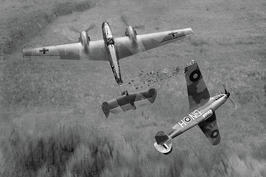 Percy Burton Hurricane ramming Bf110  BW version Photograph by Gary Eason