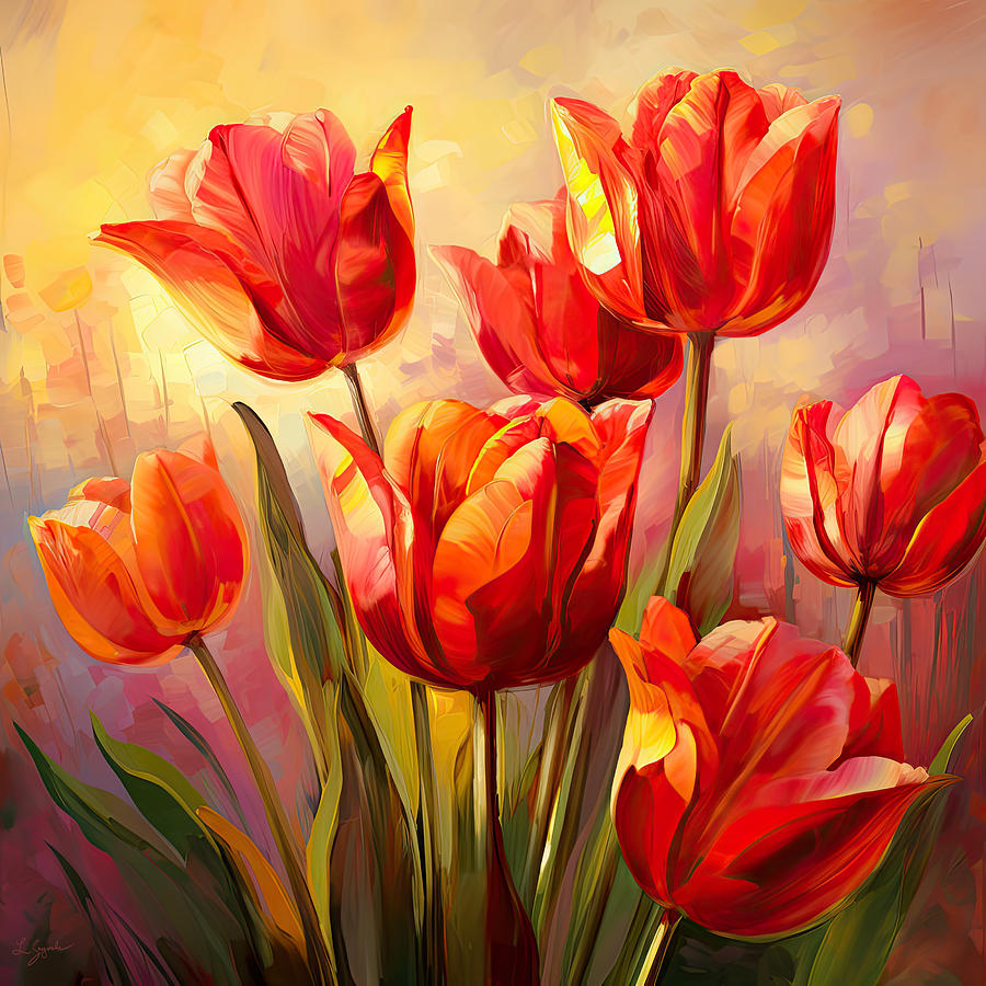 Perfect Gift Of Love- Red Tulips Paintings Digital Art