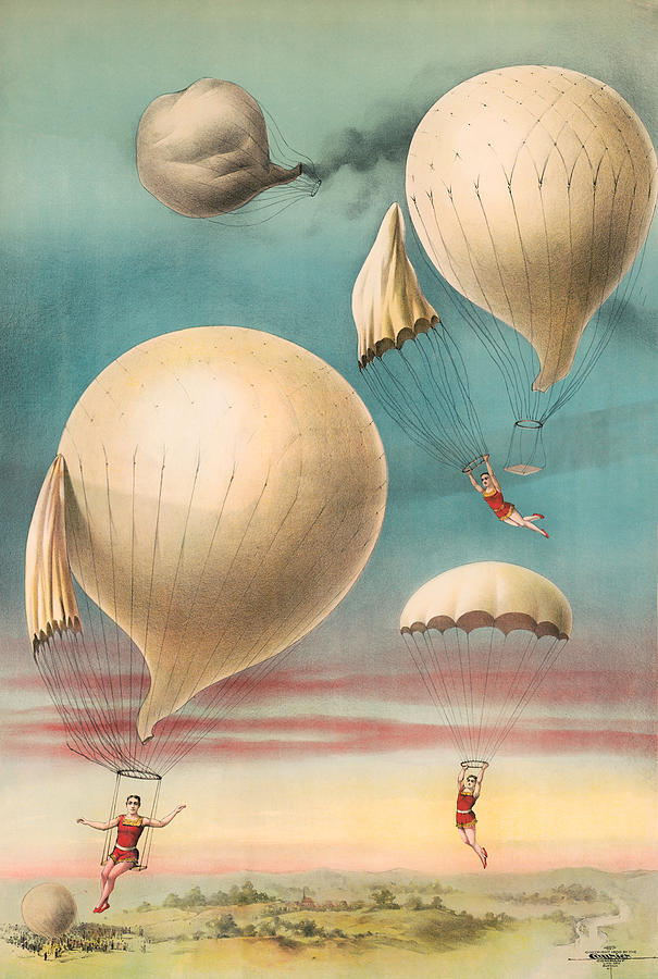 Performers Parachuting From Balloons - Courier Lithograph Company - 1900 Painting