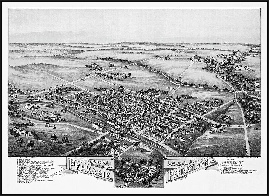 Perkasie Pennsylvania Vintage Map Birds Eye View 1894 Black and White ...