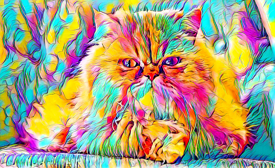 Persian cat looking at you - colorful painting Digital Art by Nicko Prints