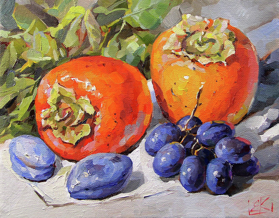 Grape Painting - Persimmon and Plum. by Evgeniya Korneeva