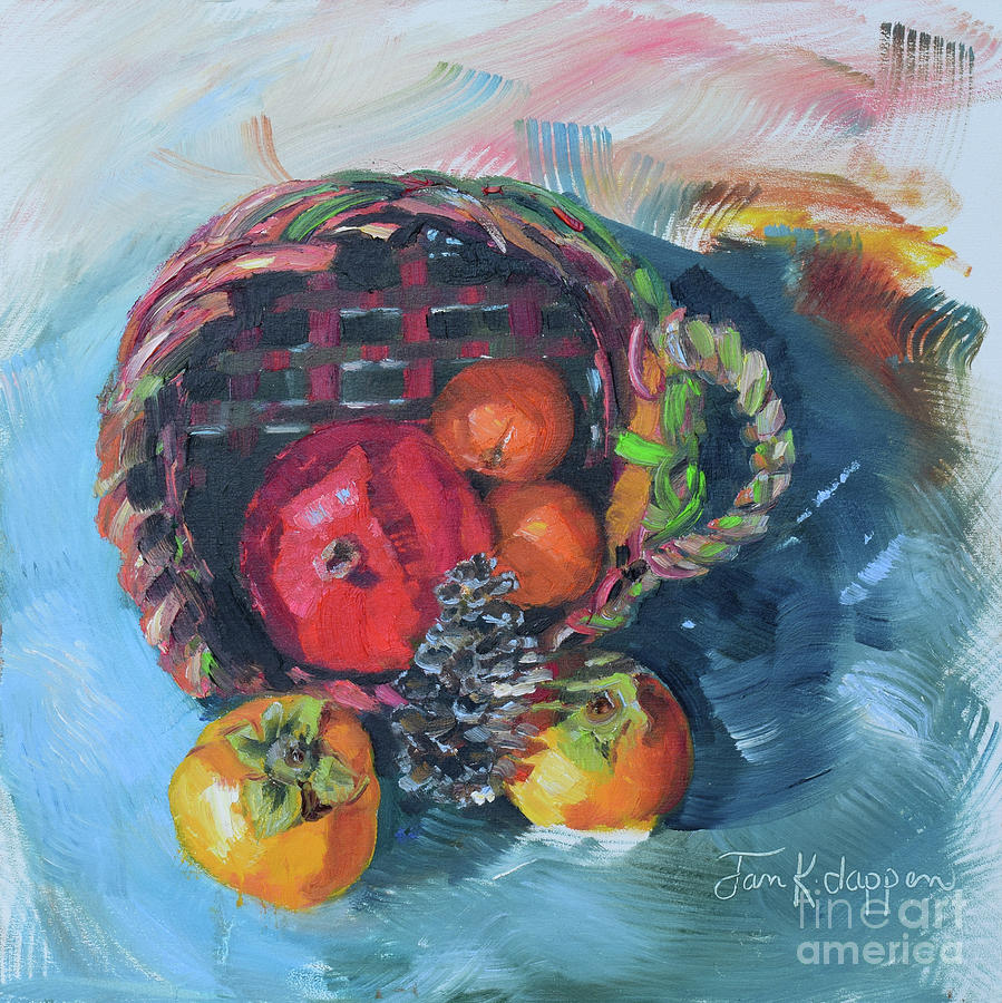 Persimmons and Pomegranate in Mothers Basket Painting by Jan Dappen