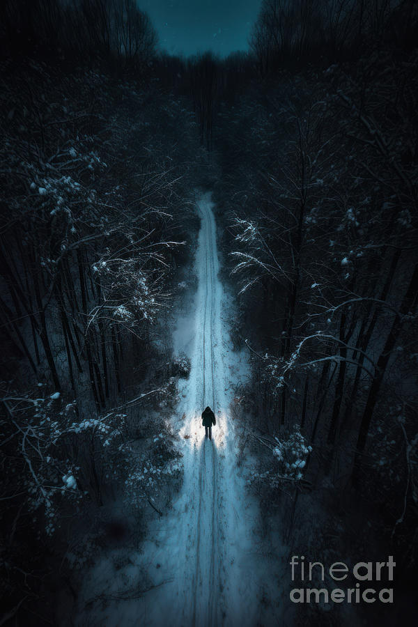 Person On An Isolated Forest Track At Night In Snow Photograph by Lee Avison