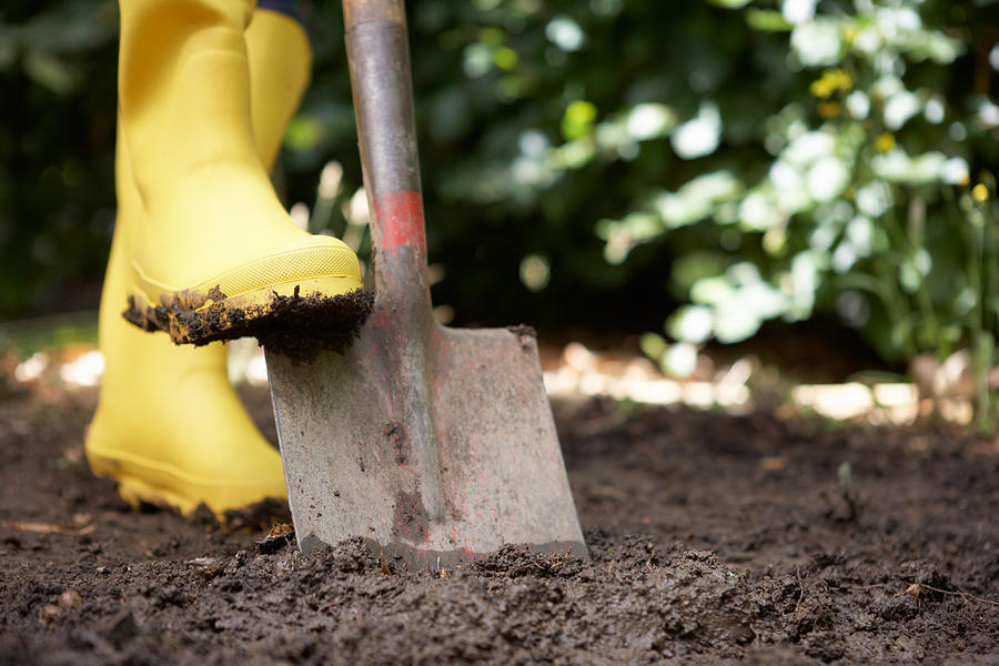 Person using yellow boots and shovel in a garden Photograph by Monkeybusinessimages