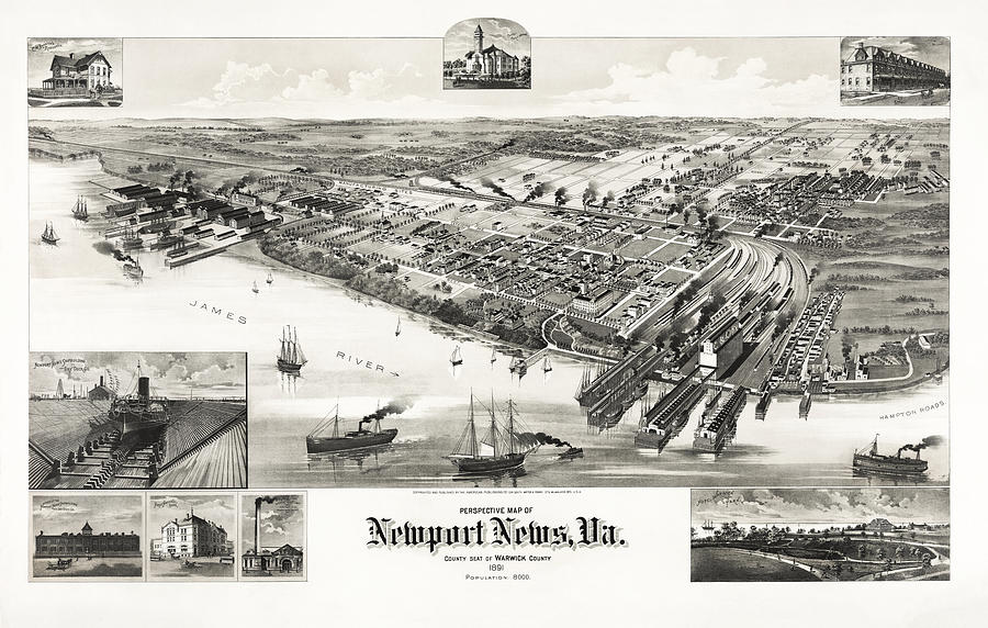 Perspective Map Of Newport News Virginia - Circa 1892 Drawing