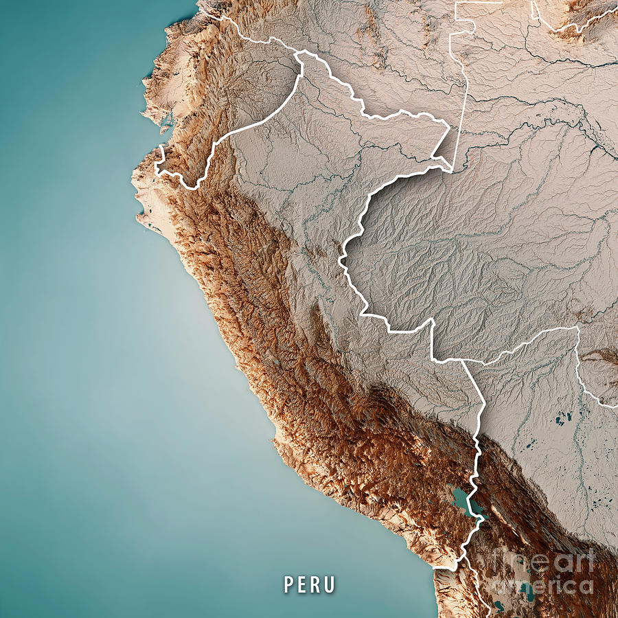 Map Digital Art - Peru 3D Render Topographic Map Neutral Border by Frank Ramspott