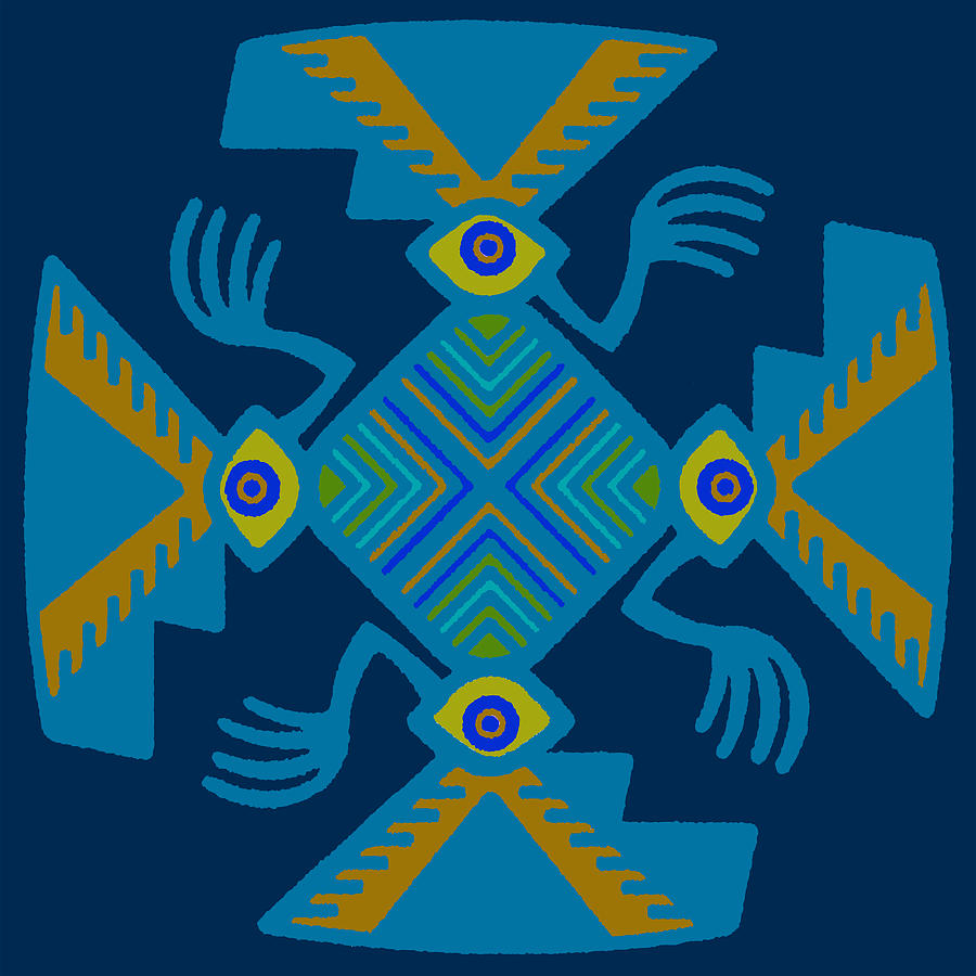 Peruvian Inca Pajaro Spirit - Navy Orange Yellow Blue Digital Art by Vagabond Folk Art - Virginia Vivier