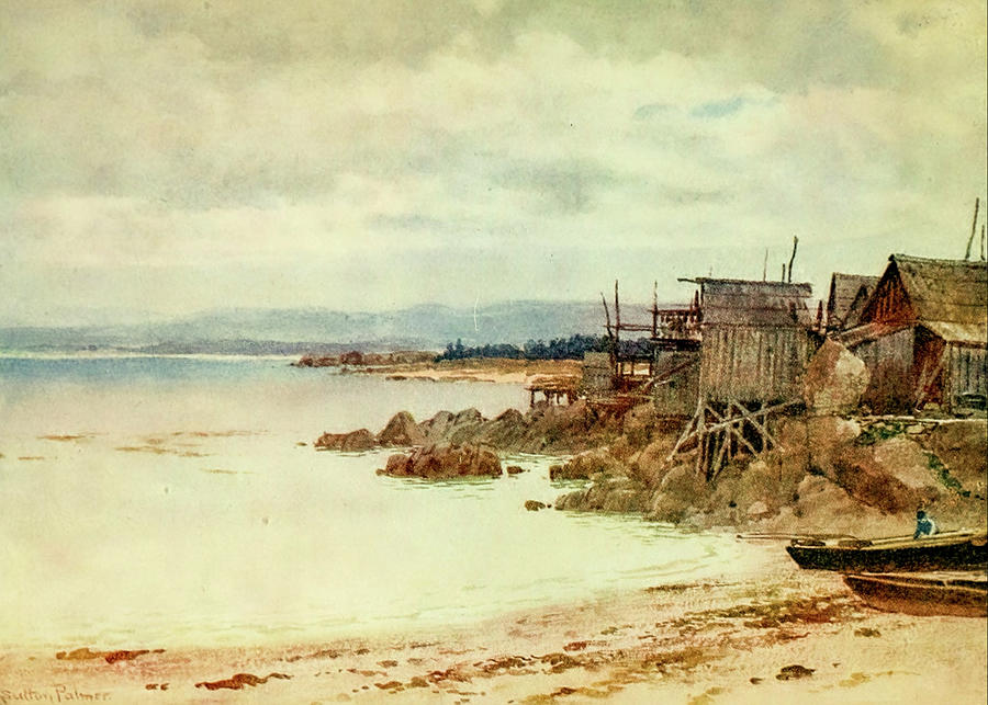Vintage Painting - Pescadera, Chinese fishing village in Monterey Bay, California 1914 by Sutton Palmer