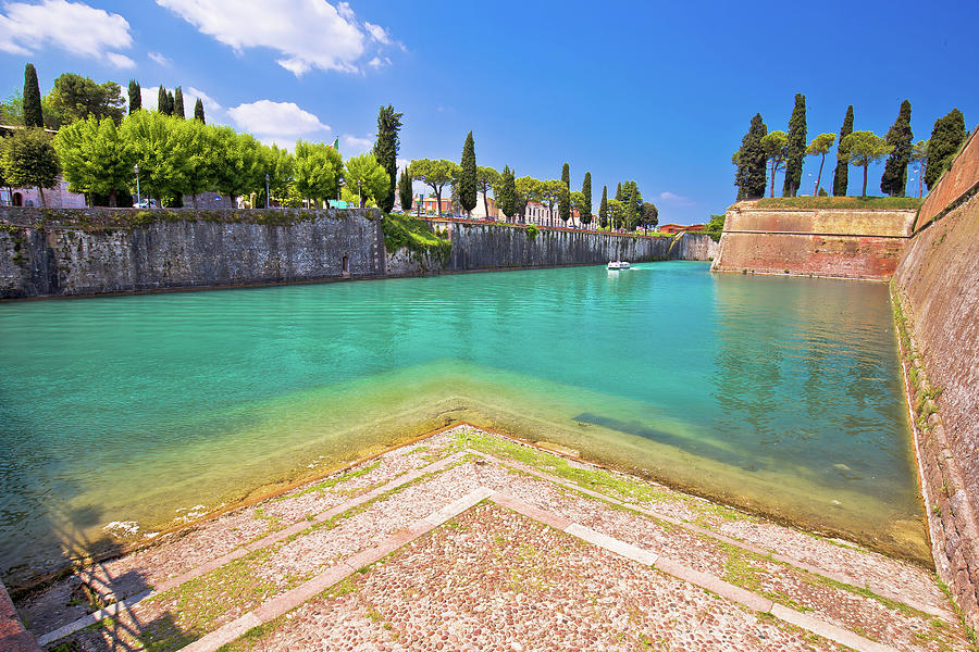 Peschiera Del Garda Turquoise Channel Around Town Walls View, Photograph