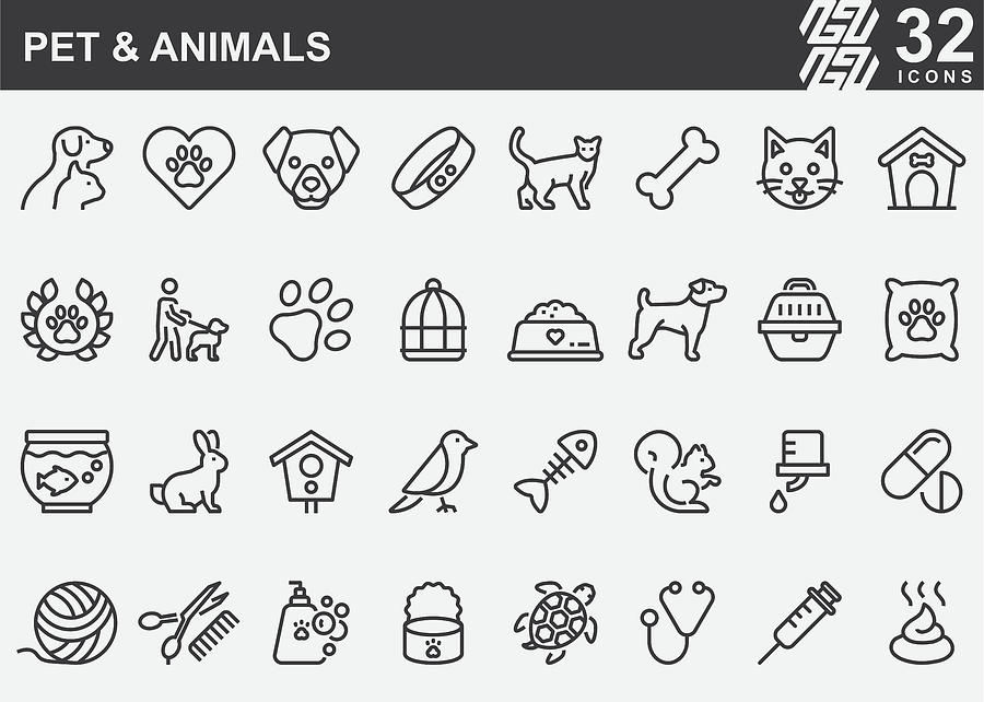 Pet and Animals Line Icons Drawing by LueratSatichob