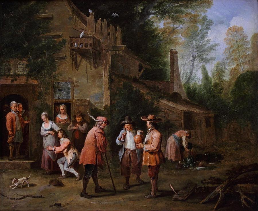 Vintage Painting - Peter Angelis - Scene in the courtyard of an inn by Les Classics