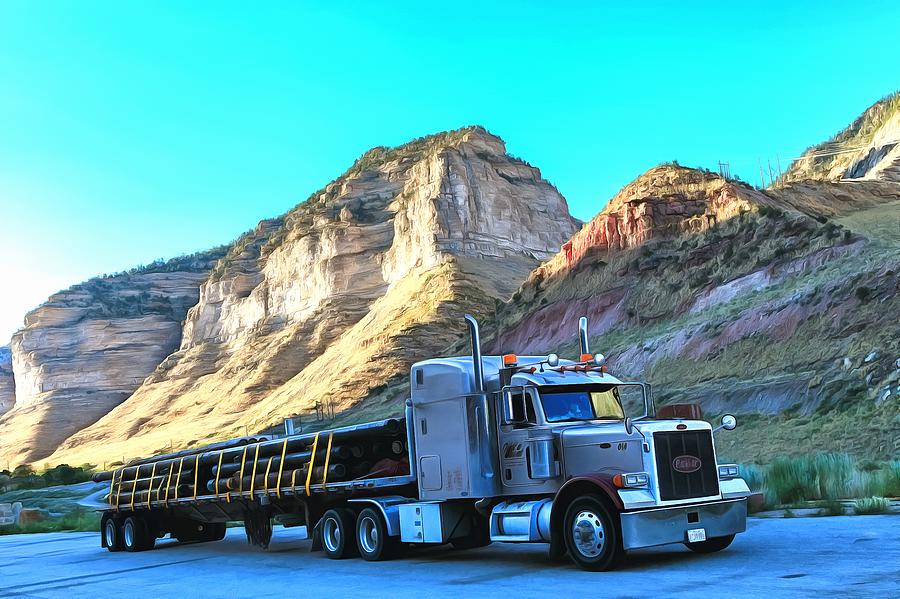 Peterbilt 379 in Utah, USA, hauling steel tubes Digital Art by Mick Flynn