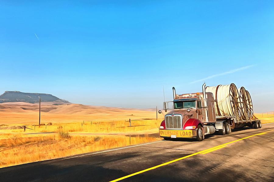 Peterbilt 379, Utah, USA. Oversize load. Hauling pipeline coils Digital Art by Mick Flynn