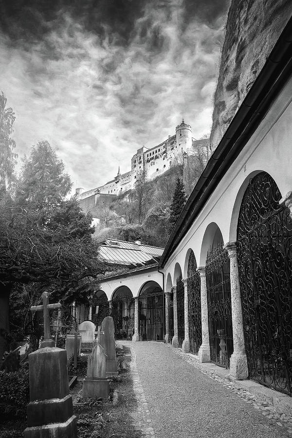 Petersfriedhof and Salzburg Castle Black and White  Photograph by Carol Japp