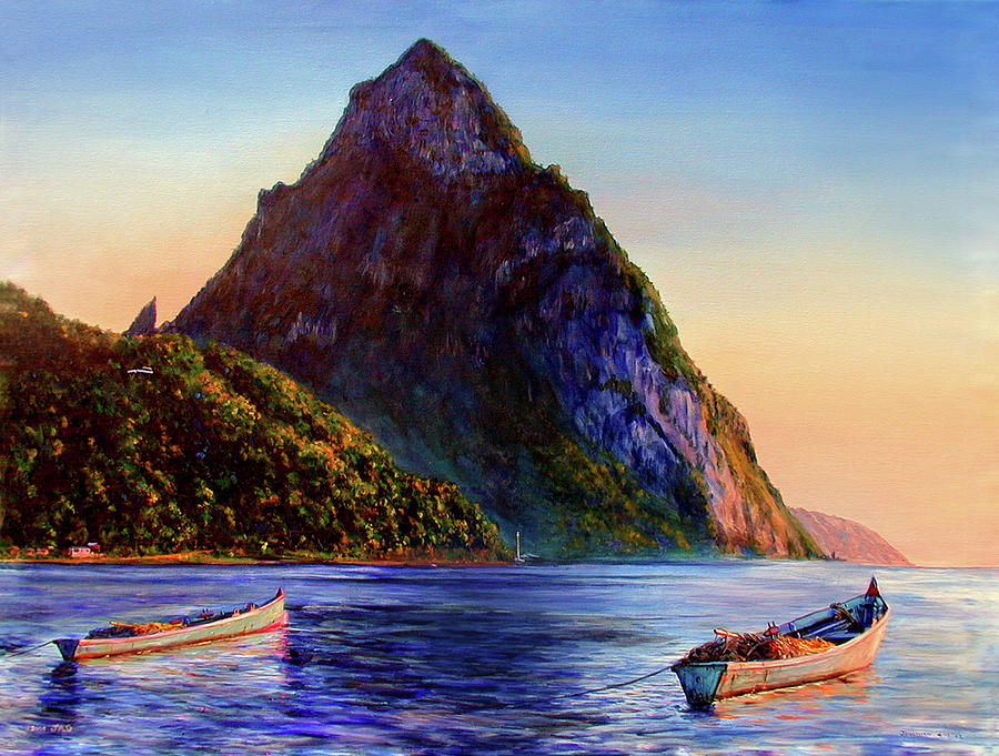 Petit Piton w/ 2 Gommier Boats Painting by Jonathan Guy-Gladding JAG