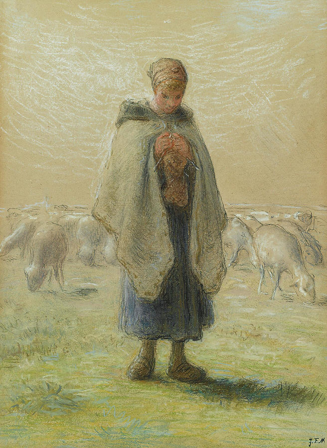 Little Shepherdess Knitting Drawing by Jean-Francois Millet