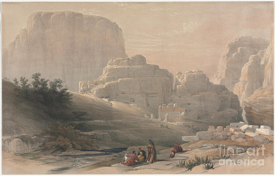 Petra, Lower End of the Valley, Viewing the Acropolis 1839 q1 Painting by Historic illustrations