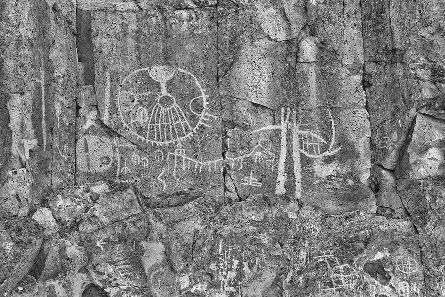 Petroglyphs Owens Valley California Black-and-white monochrome Pyrography by Ram Vasudev
