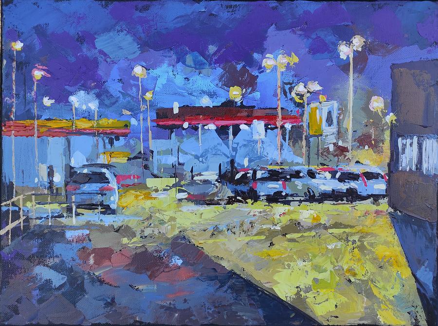 Petrol Station In Night Lights. Painting