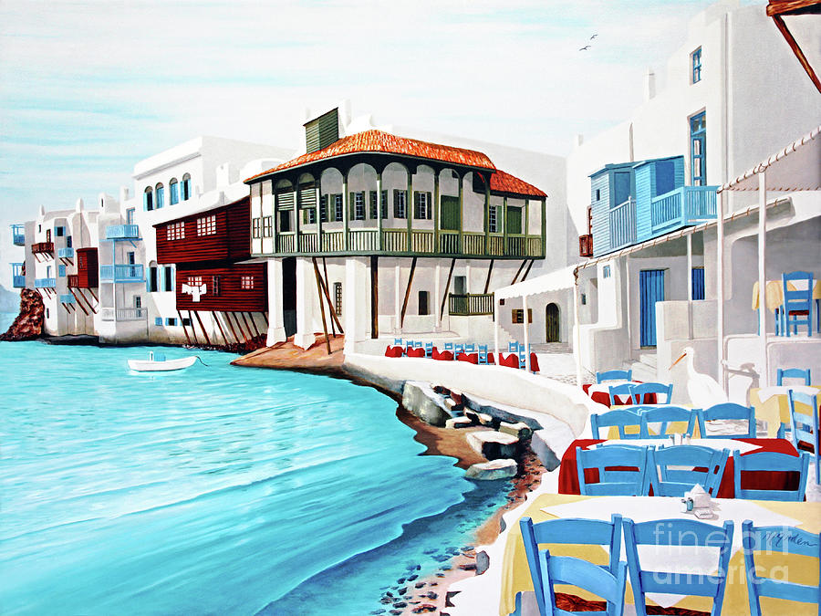 Boat Painting - PETROS IN MYKONOS - prints of oil painting  by Mary Grden