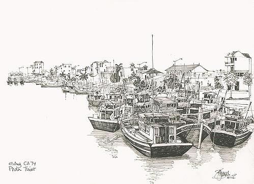 Boat Drawing - Phan Thiet Harbour - Vietnam by Bridget March