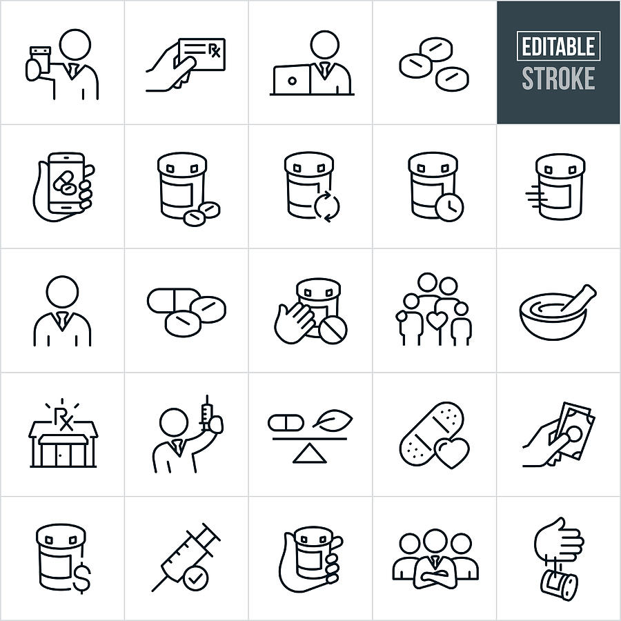 Pharmacy Thin Line Icons - Editable Stroke Drawing by Appleuzr
